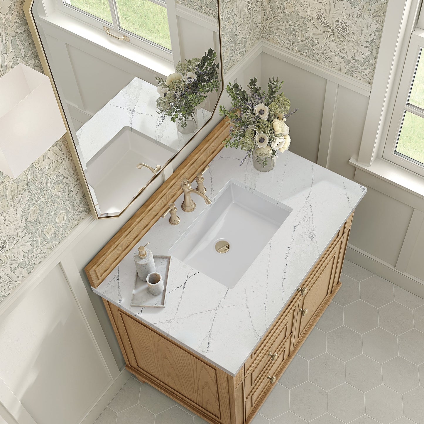 
                  
                    Lorelai 36" Single Vanity in Light Natural Oak James Martin Vanities Ethereal Noctis Quartz 
                  
                