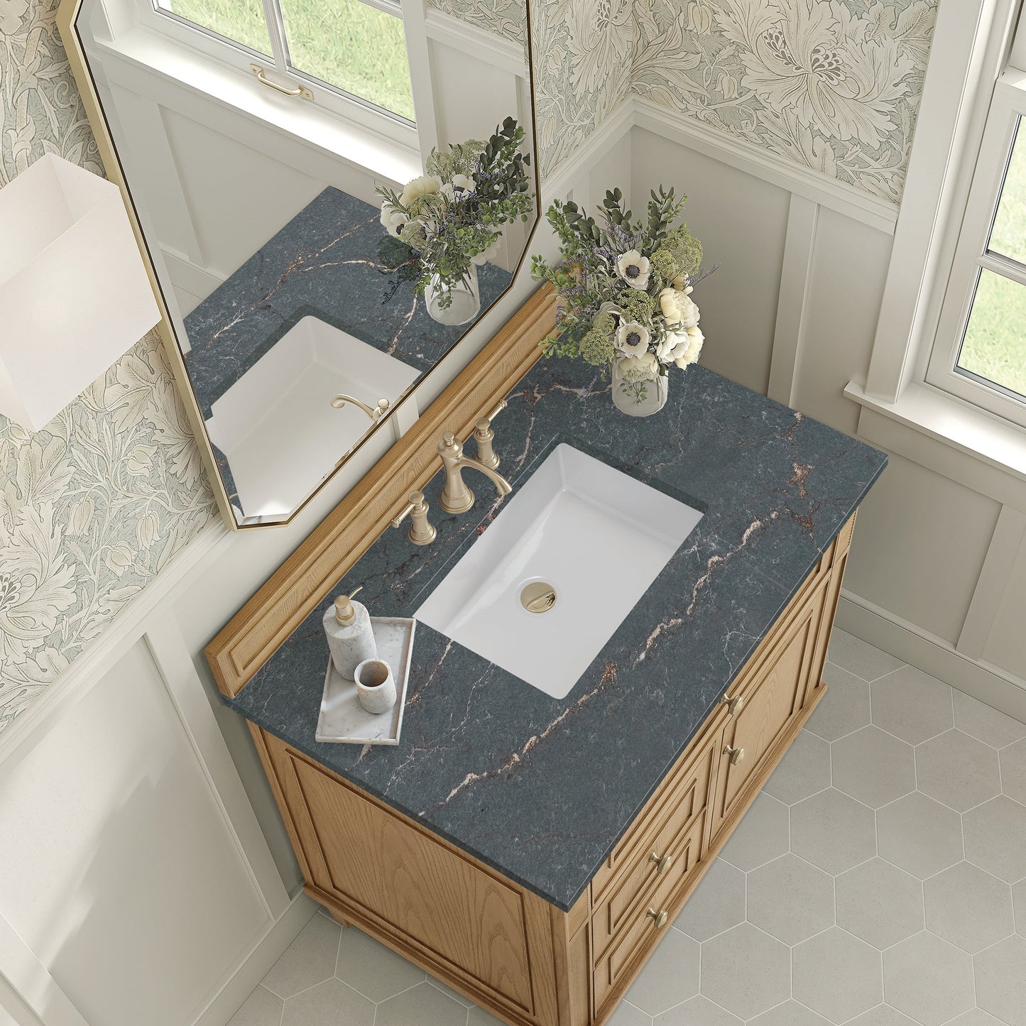 
                  
                    Lorelai 36" Single Vanity in Light Natural Oak James Martin Vanities Parisien Bleu Silestone 
                  
                