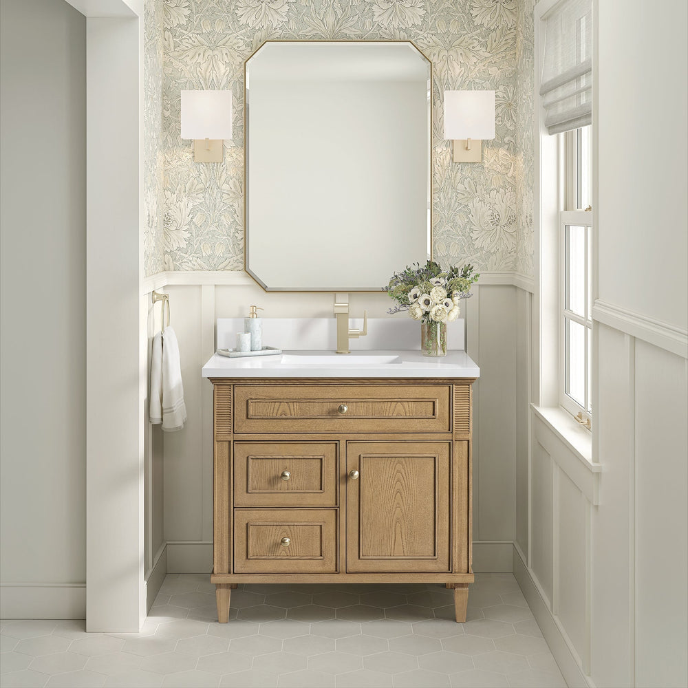 
                  
                    Lorelai 36" Single Vanity in Light Natural Oak James Martin Vanities White Zeus Quartz Single Faucet with Backsplash 
                  
                