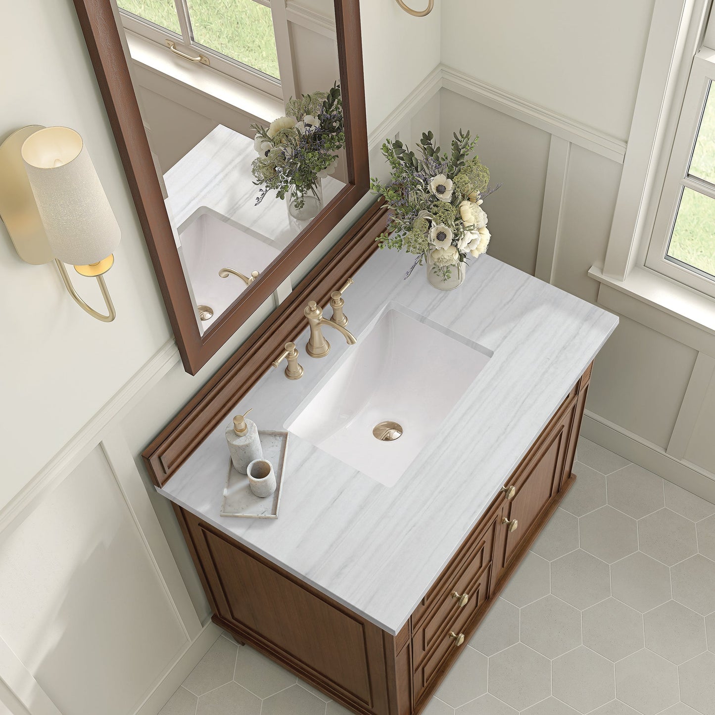 
                  
                    Lorelai 36" Single Vanity in Mid-Century Walnut James Martin Vanities Arctic Fall solid surface 
                  
                