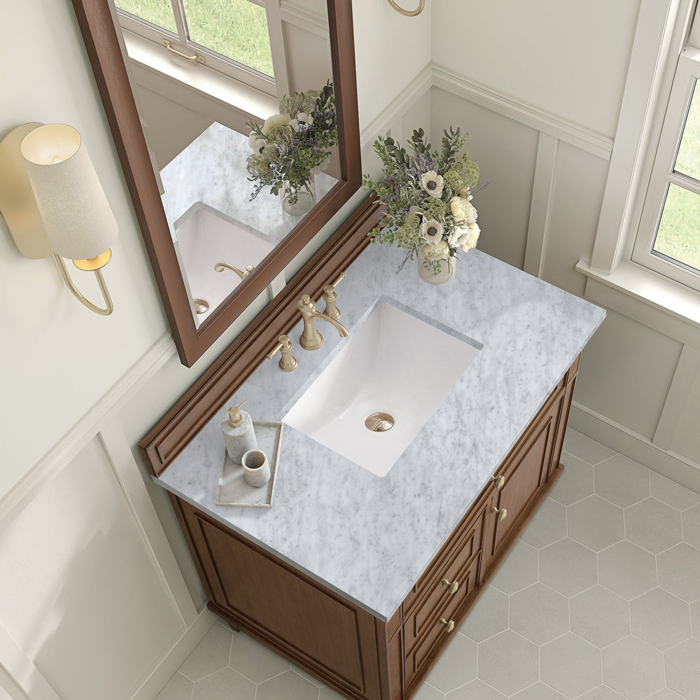 
                  
                    Lorelai 36" Single Vanity in Mid-Century Walnut James Martin Vanities Carrara White Marble 
                  
                