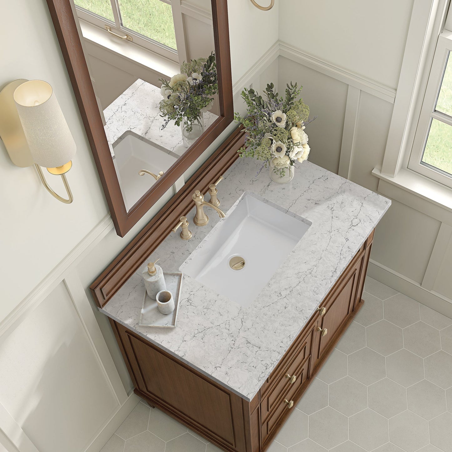 
                  
                    Lorelai 36" Single Vanity in Mid-Century Walnut James Martin Vanities Eternal Jasmine Pearl Quartz 
                  
                