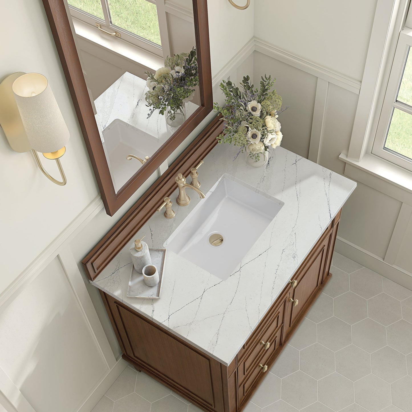 
                  
                    Lorelai 36" Single Vanity in Mid-Century Walnut James Martin Vanities Ethereal Noctis Quartz 
                  
                