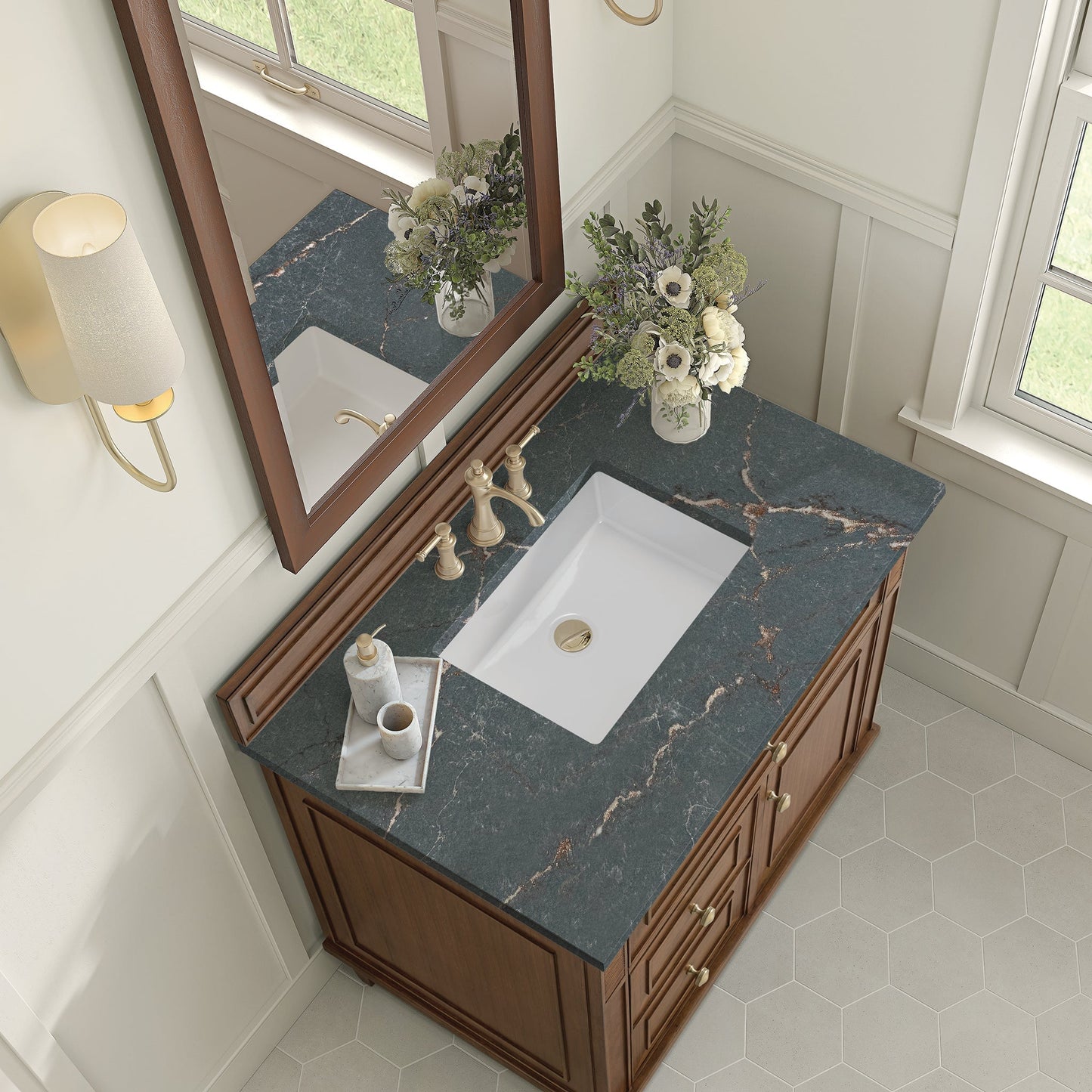 
                  
                    Lorelai 36" Single Vanity in Mid-Century Walnut James Martin Vanities Parisien Bleu Quartz 
                  
                