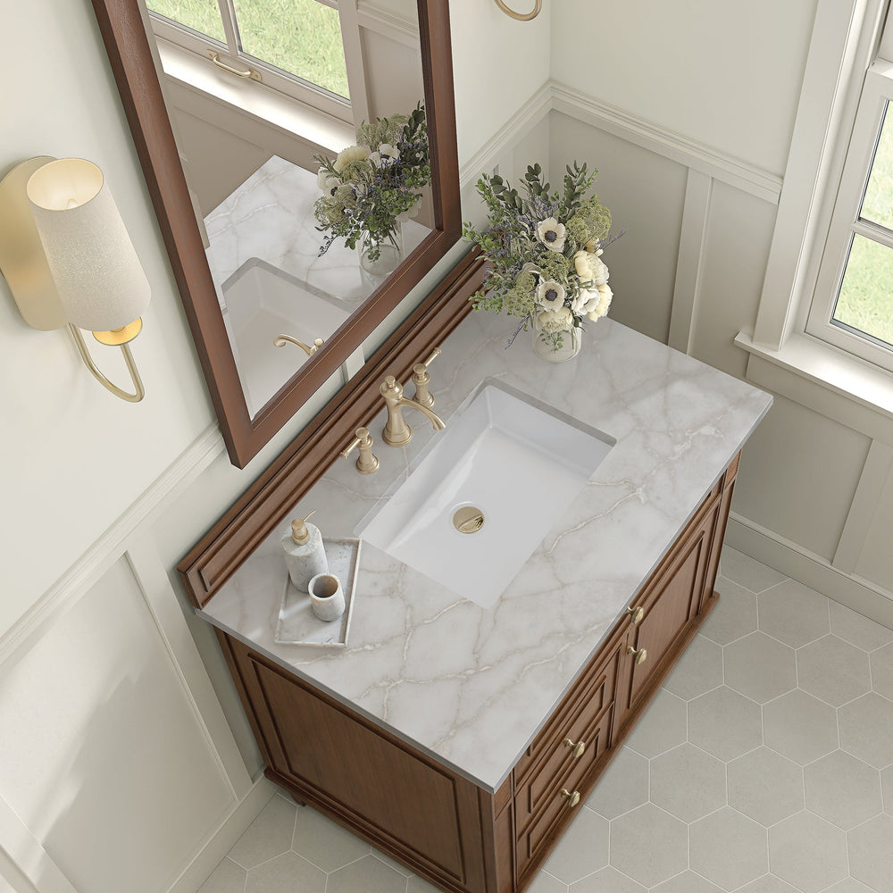 
                  
                    Lorelai 36" Single Vanity in Mid-Century Walnut James Martin Vanities Victorian Silver Quartz 
                  
                