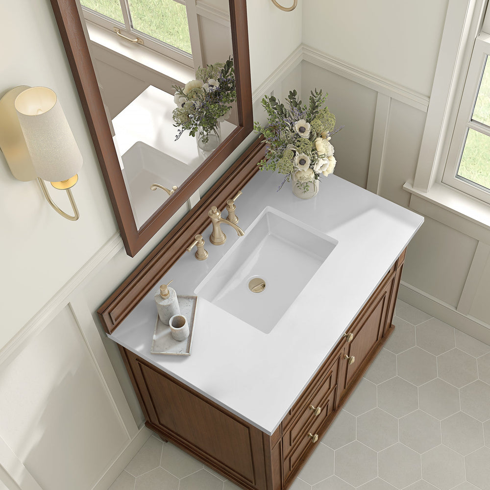 
                  
                    Lorelai 36" Single Vanity in Mid-Century Walnut James Martin Vanities White Zeus Quartz 
                  
                