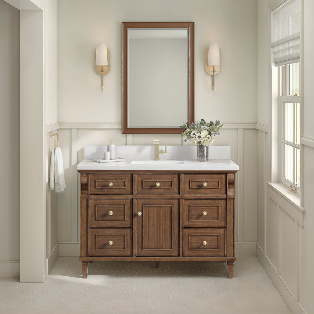 
                  
                    Lorelai 36" Single Vanity in Mid-Century Walnut James Martin Vanities White Zeus Quartz Single Faucet with Backsplash 
                  
                