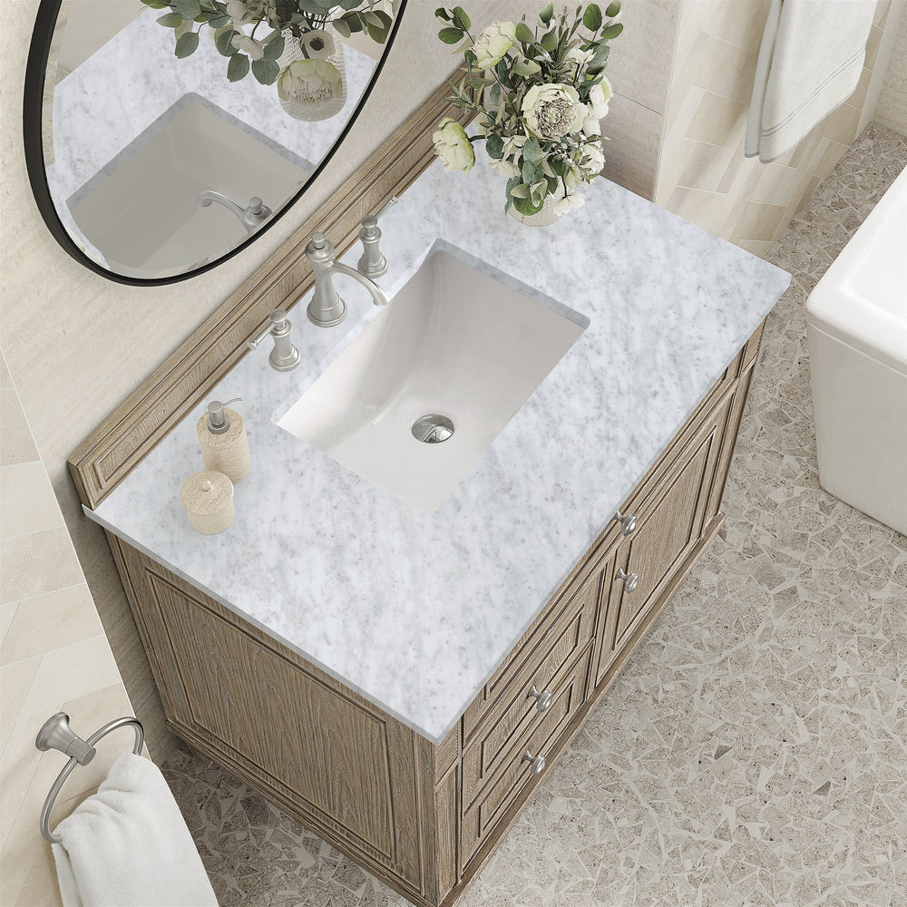 
                  
                    Lorelai 36" Single Vanity in Whitewashed Oak James Martin Vanities Carrara White Marble 
                  
                