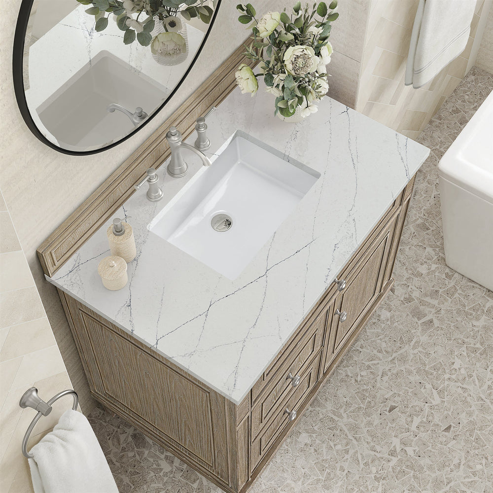 
                  
                    Lorelai 36" Single Vanity in Whitewashed Oak James Martin Vanities Ethereal Noctis Quartz 
                  
                