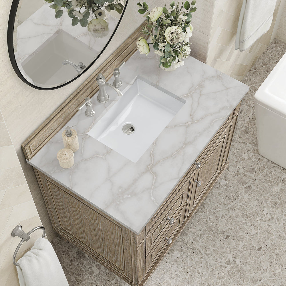 
                  
                    Lorelai 36" Single Vanity in Whitewashed Oak James Martin Vanities Victorian Silver Quartz 
                  
                