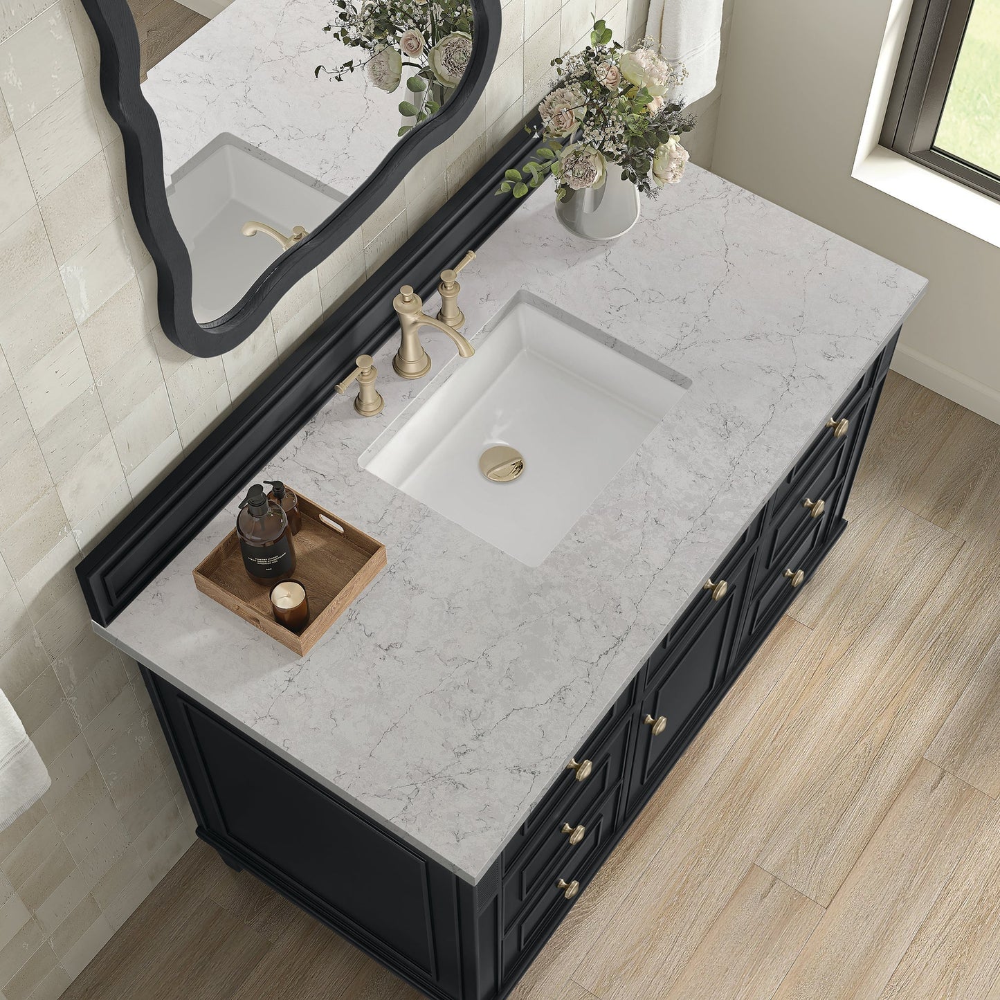 
                  
                    Lorelai 48" Single Vanity in Black Onyx James Martin Vanities Eternal Jasmine Pearl Quartz 
                  
                