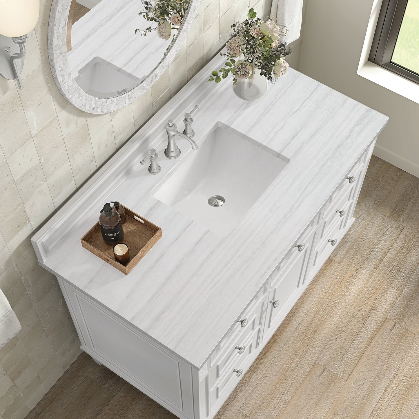 
                  
                    Lorelai 48" Single Vanity in Bright White James Martin Vanities Arctic Fall solid surface 
                  
                