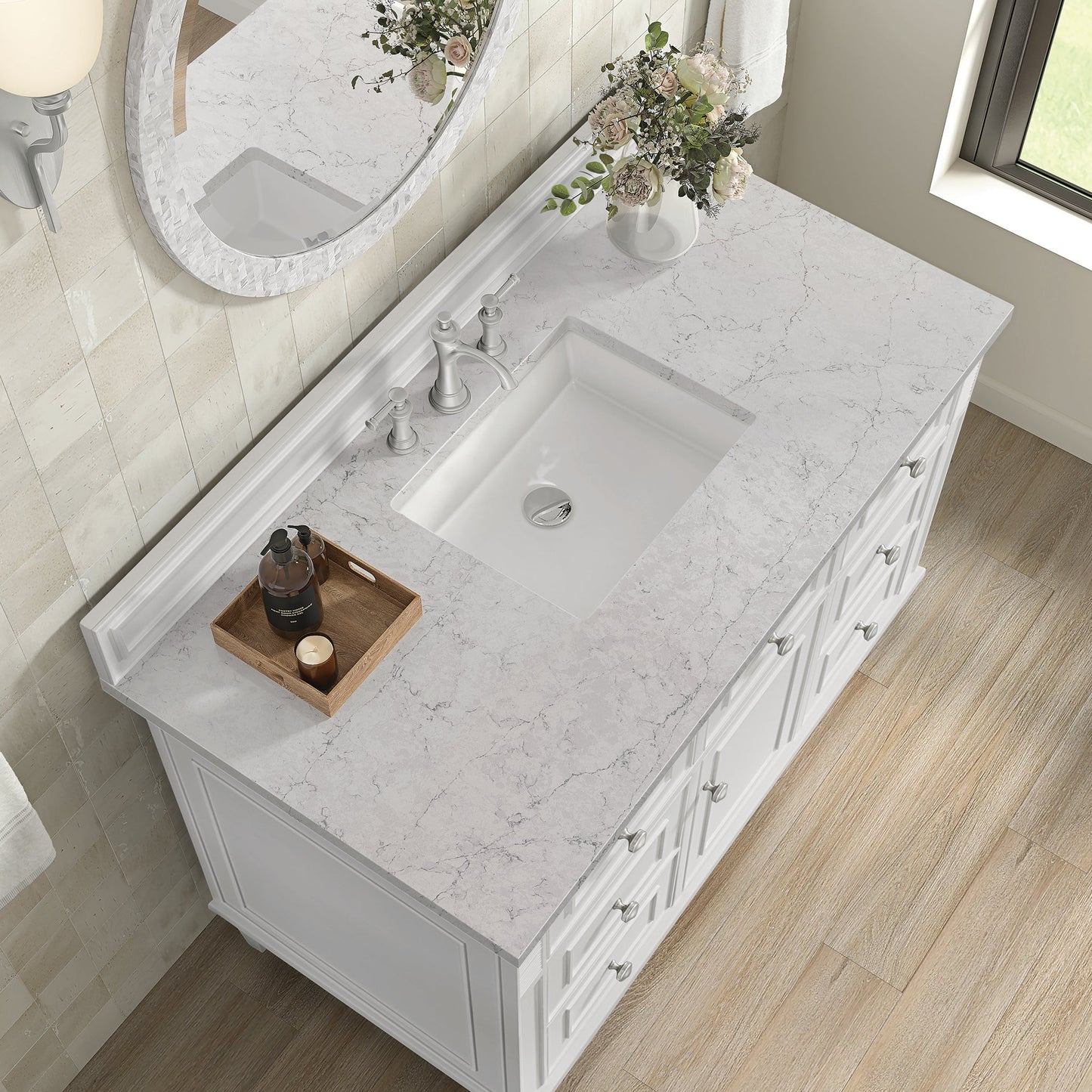 
                  
                    Lorelai 48" Single Vanity in Bright White James Martin Vanities Eternal Jasmine Pearl Quartz 
                  
                