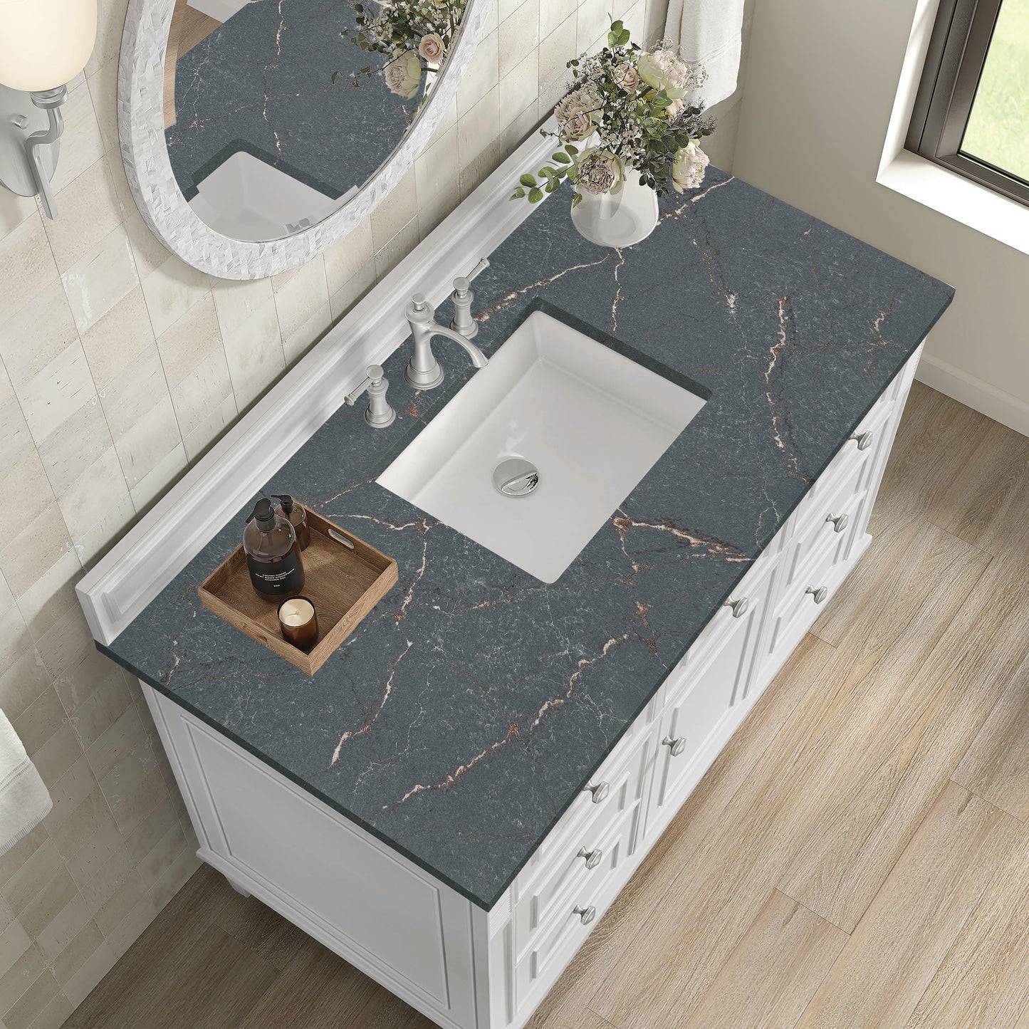 
                  
                    Lorelai 48" Single Vanity in Bright White James Martin Vanities Parisien Bleu Quartz 
                  
                