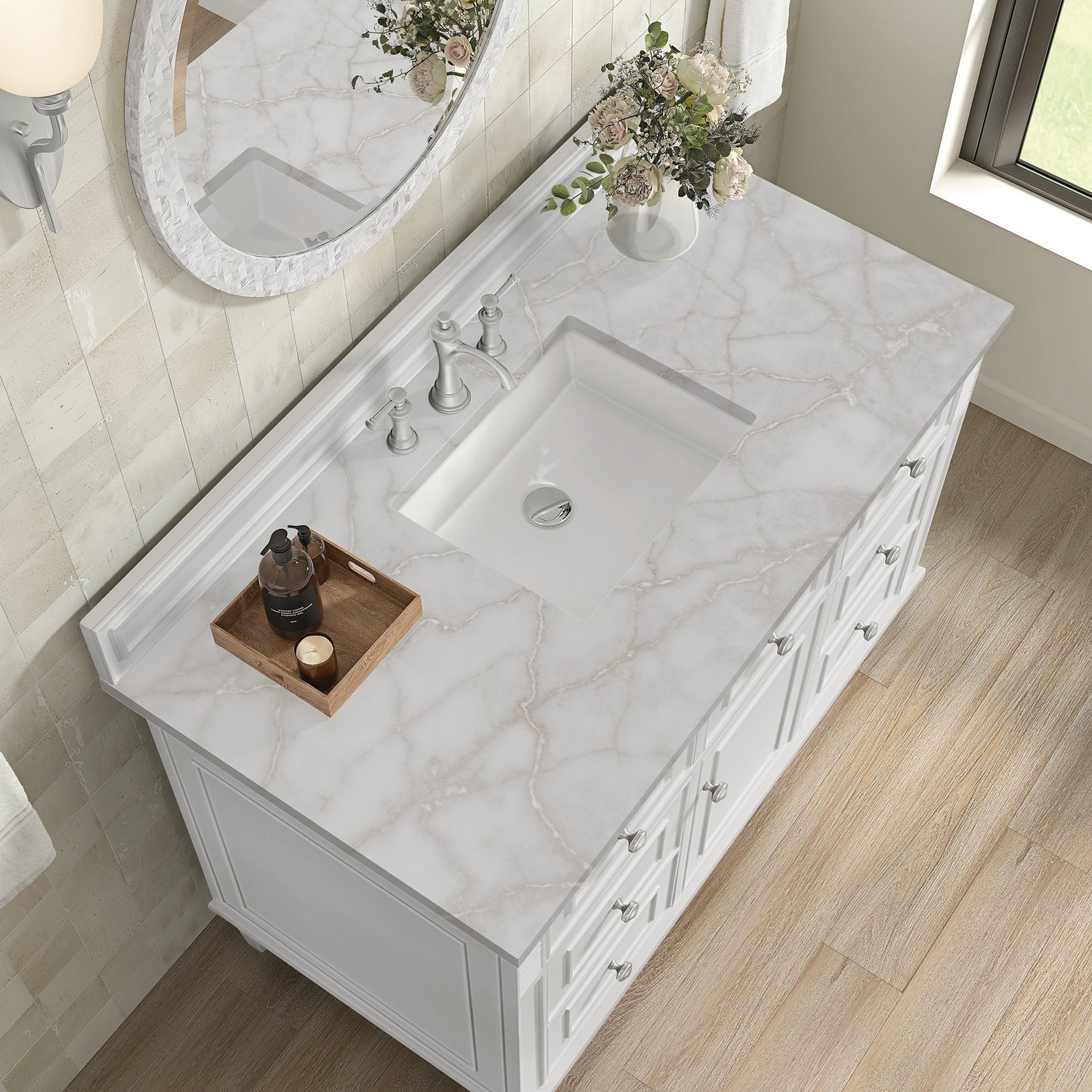 
                  
                    Lorelai 48" Single Vanity in Bright White James Martin Vanities Victorian Silver Silestone 
                  
                