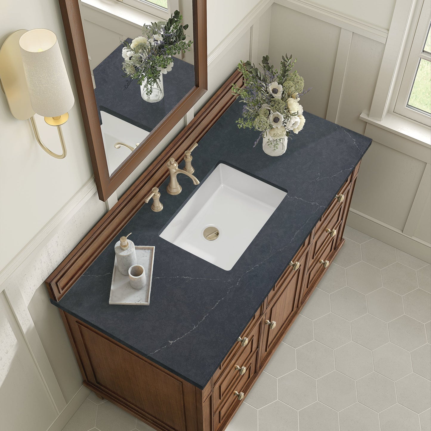 
                  
                    Lorelai 48" Single Vanity in Mid-Century Walnut James Martin Vanities Charcoal Soapstone Silestone 
                  
                