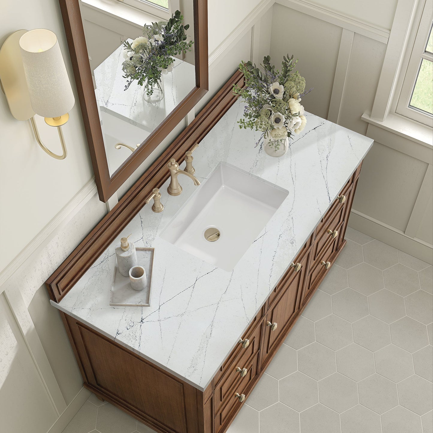 
                  
                    Lorelai 48" Single Vanity in Mid-Century Walnut James Martin Vanities Ethereal Noctis Silestone 
                  
                