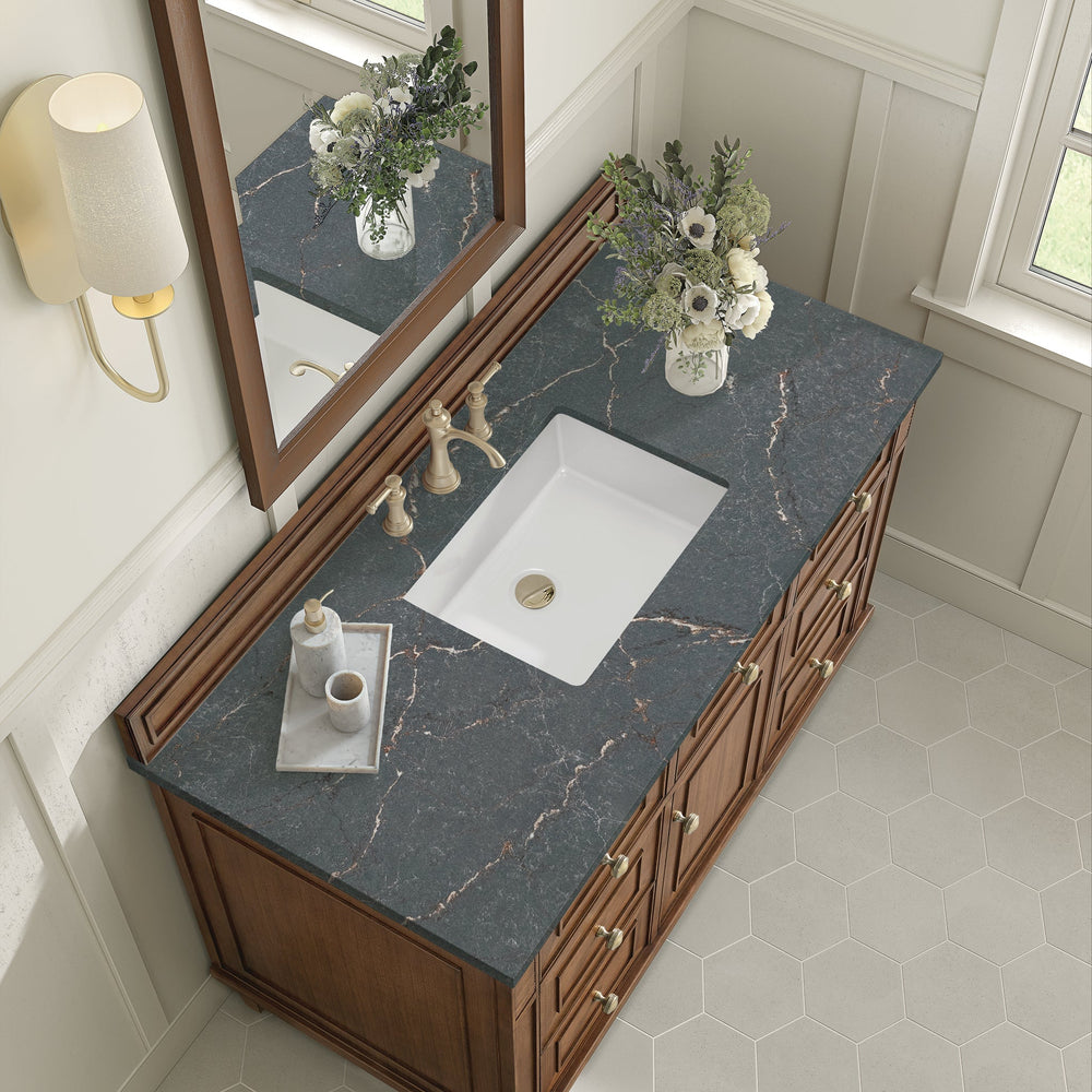 
                  
                    Lorelai 48" Single Vanity in Mid-Century Walnut James Martin Vanities Parisien Bleu Silestone 
                  
                