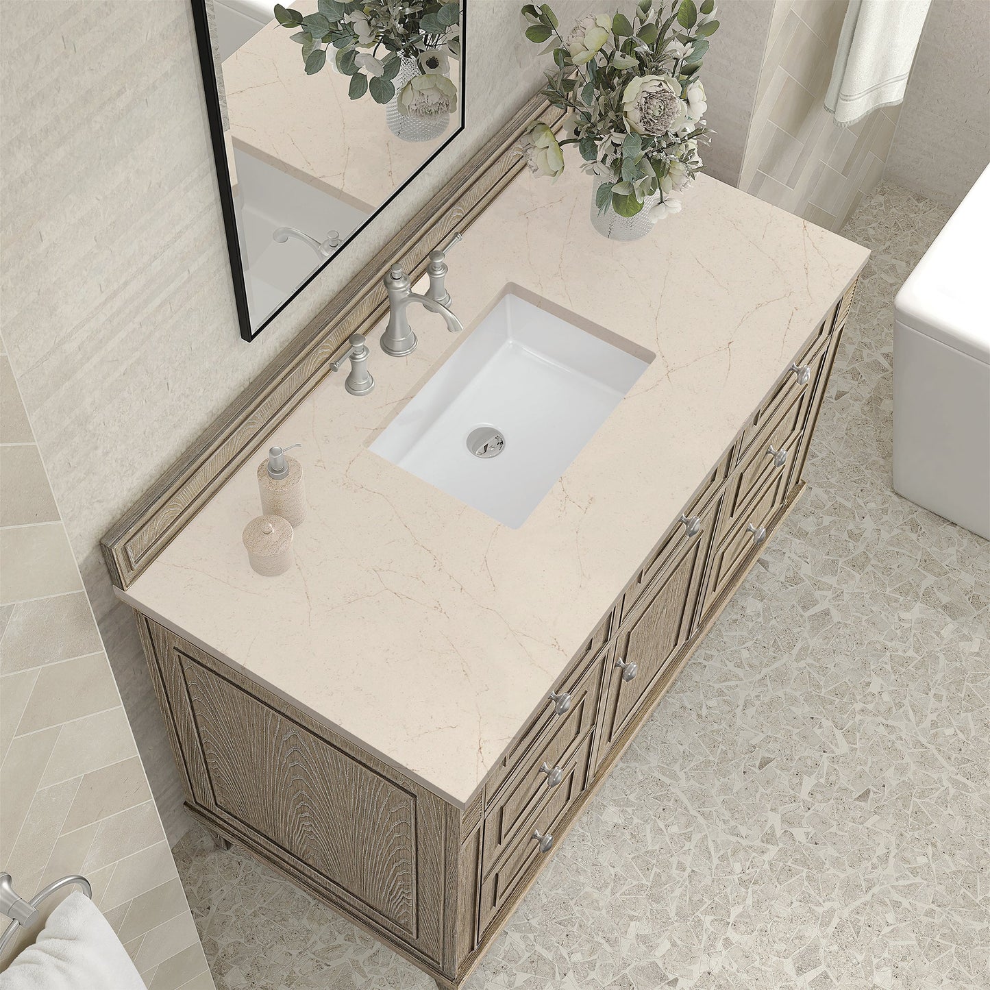 
                  
                    Lorelai 48" Single Vanity in Whitewashed Oak James Martin Vanities Eternal Marfil Silestone 
                  
                