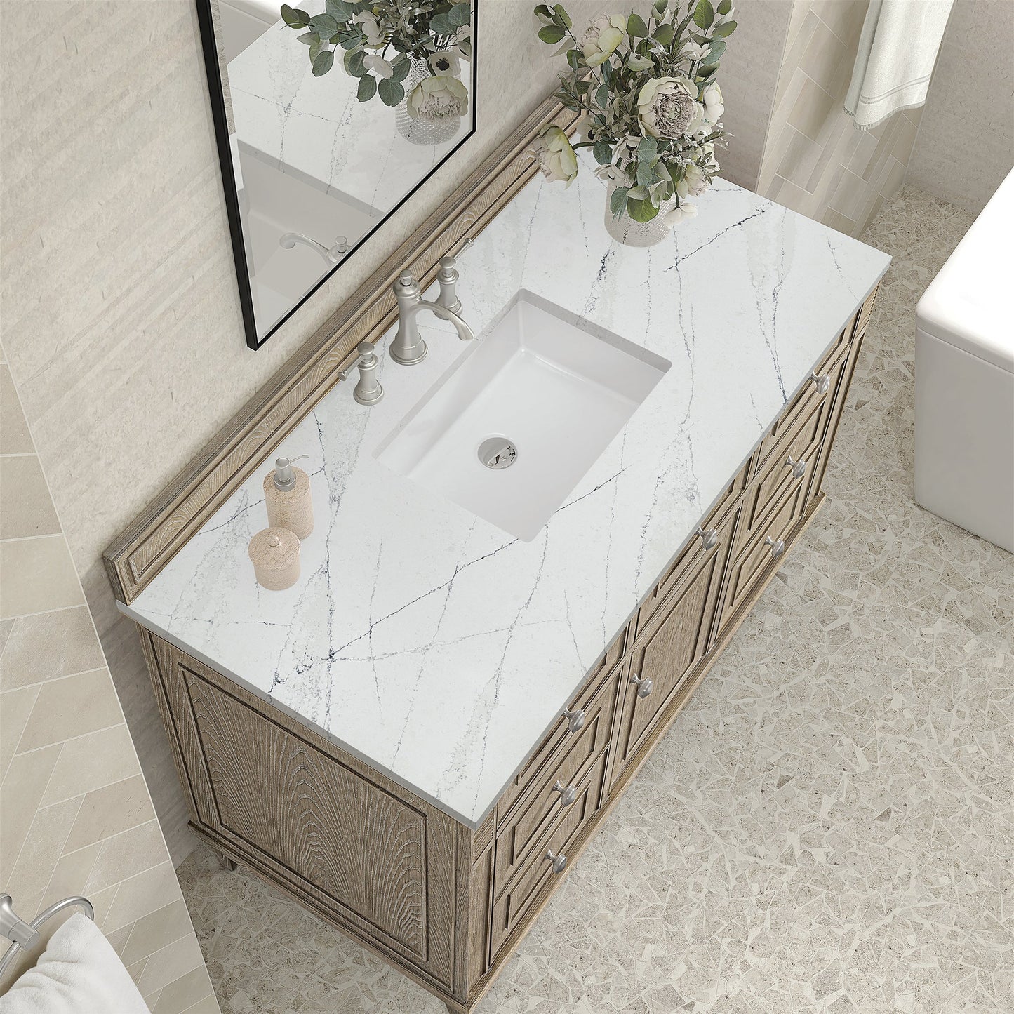 
                  
                    Lorelai 48" Single Vanity in Whitewashed Oak James Martin Vanities Ethereal Noctis Silestone 
                  
                