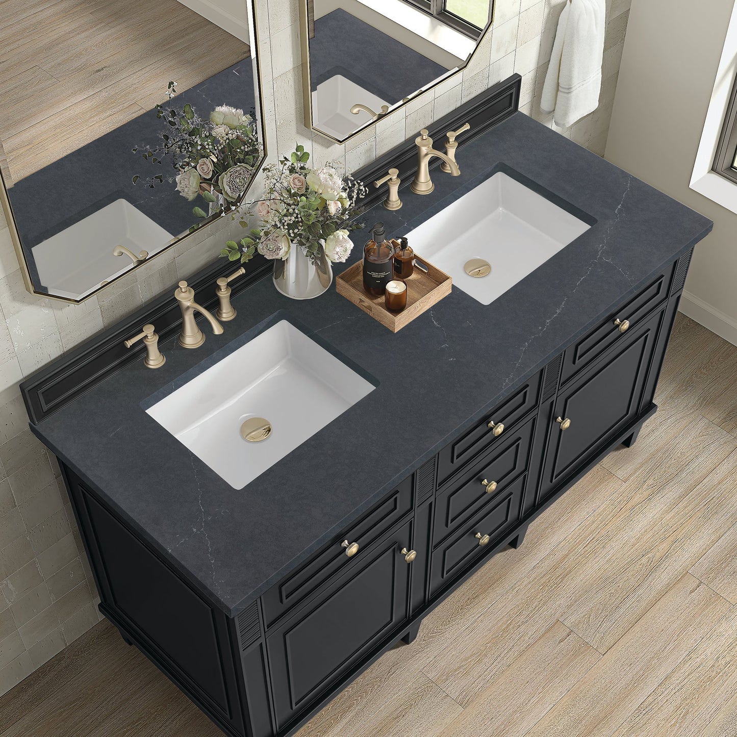 
                  
                    Lorelai 60" Double Vanity in Black Onyx James Martin Vanities Charcoal Soapstone Silestone 
                  
                