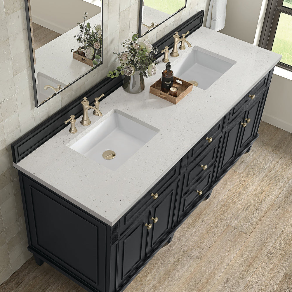 
                  
                    Lorelai 60" Double Vanity in Black Onyx James Martin Vanities Eternal Jasmine Pearl Quartz 
                  
                