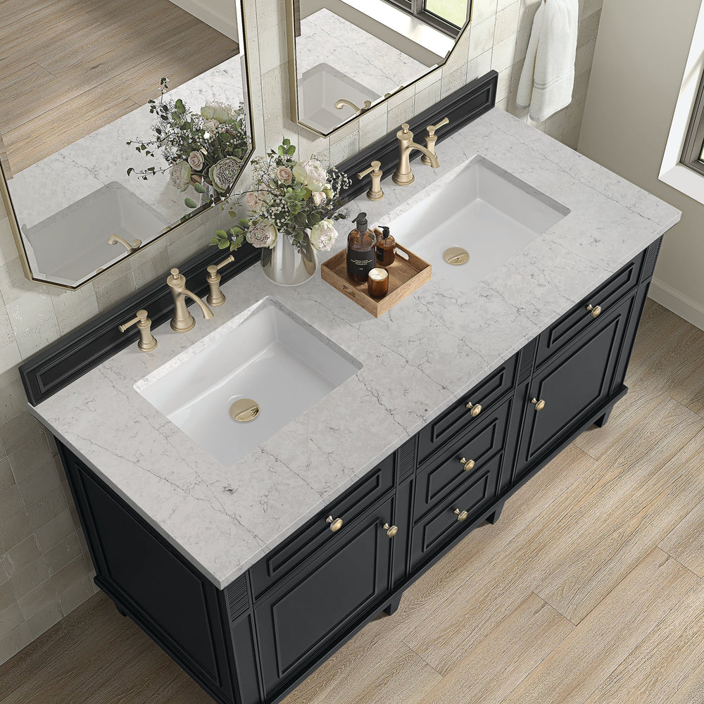 
                  
                    Lorelai 60" Double Vanity in Black Onyx James Martin Vanities Eternal Jasmine Pearl Silestone 
                  
                