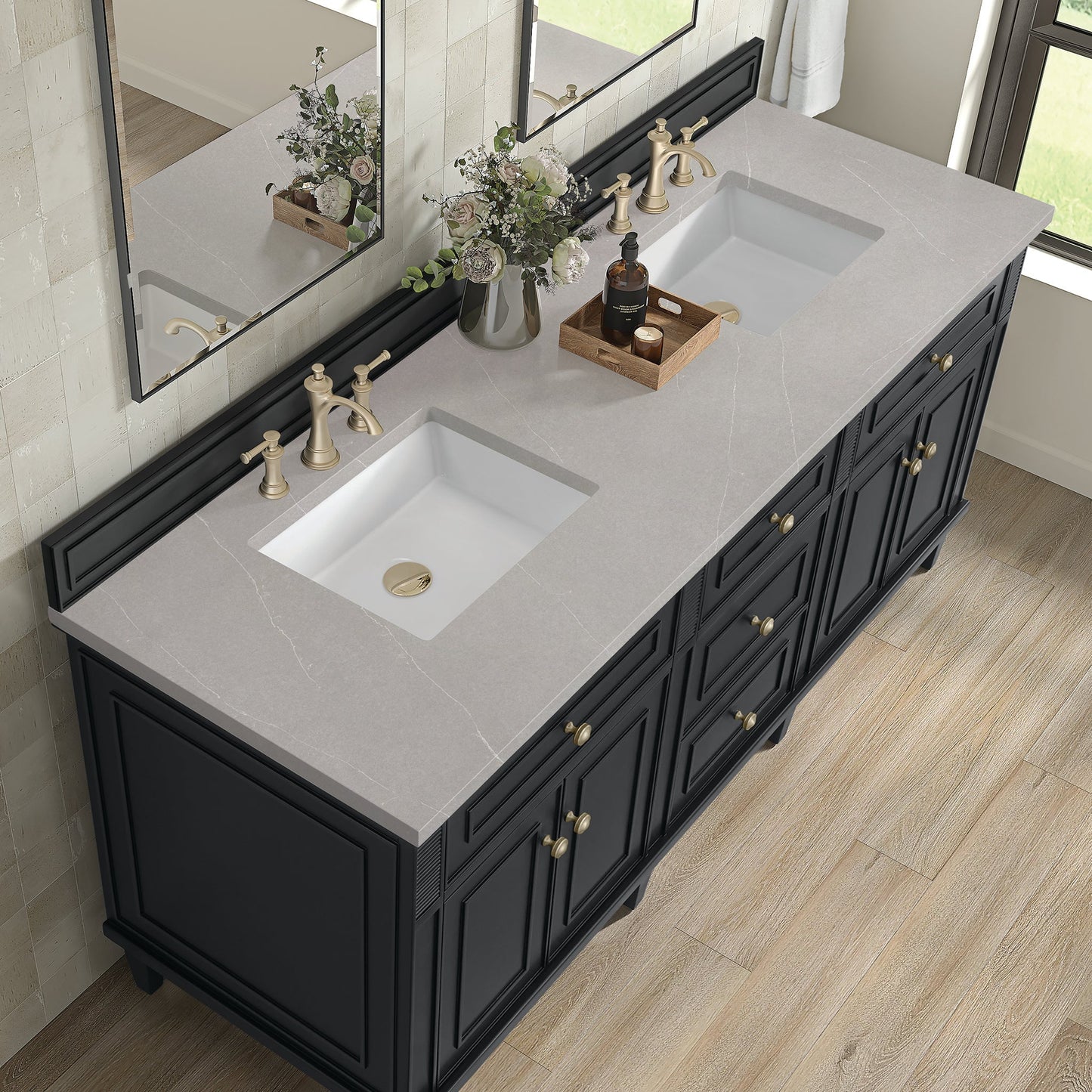 
                  
                    Lorelai 60" Double Vanity in Black Onyx James Martin Vanities Eternal Serena Quartz 
                  
                