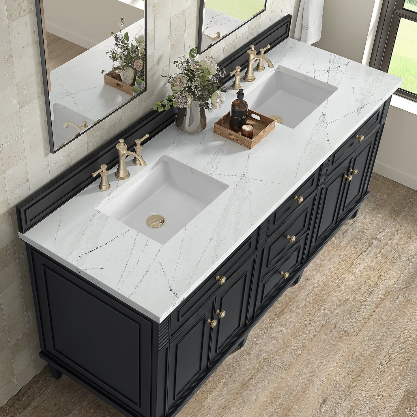 
                  
                    Lorelai 60" Double Vanity in Black Onyx James Martin Vanities Ethereal Noctis Quartz 
                  
                