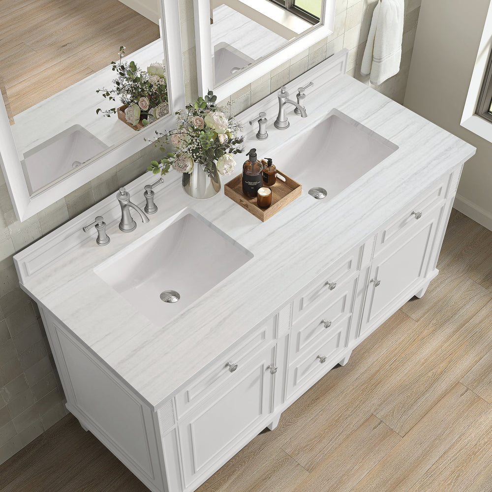 
                  
                    Lorelai 60" Double Vanity in Bright White James Martin Vanities Arctic Fall solid surface 
                  
                