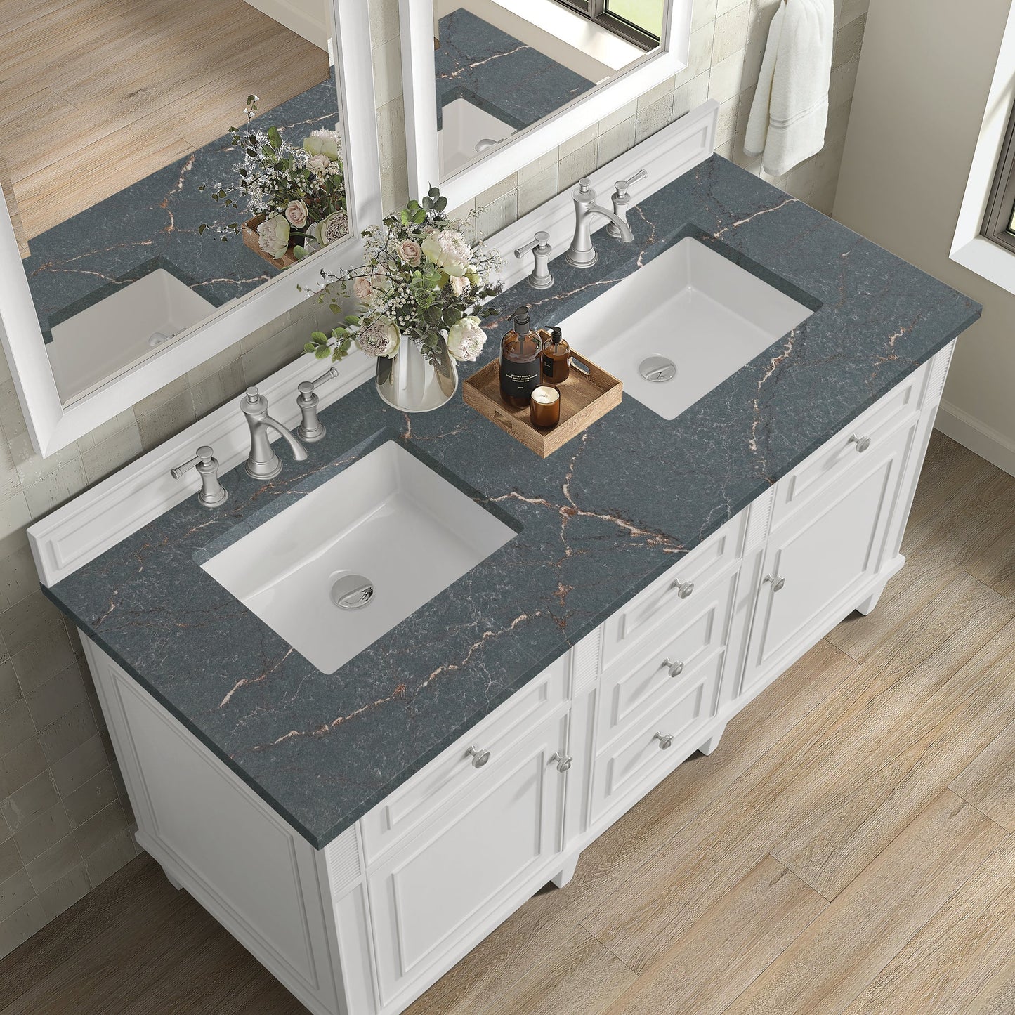 
                  
                    Lorelai 60" Double Vanity in Bright White James Martin Vanities Parisien Bleu Silestone 
                  
                