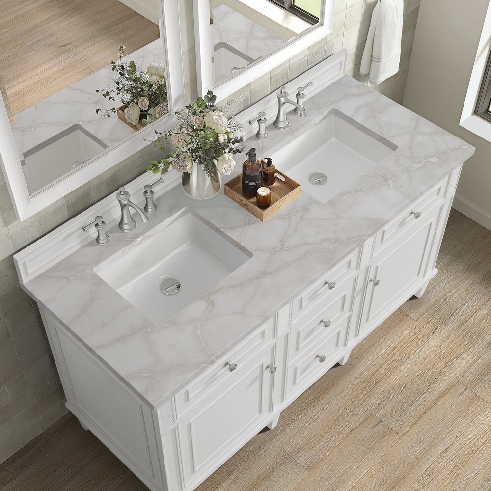 
                  
                    Lorelai 60" Double Vanity in Bright White James Martin Vanities Victorian Silver Silestone 
                  
                