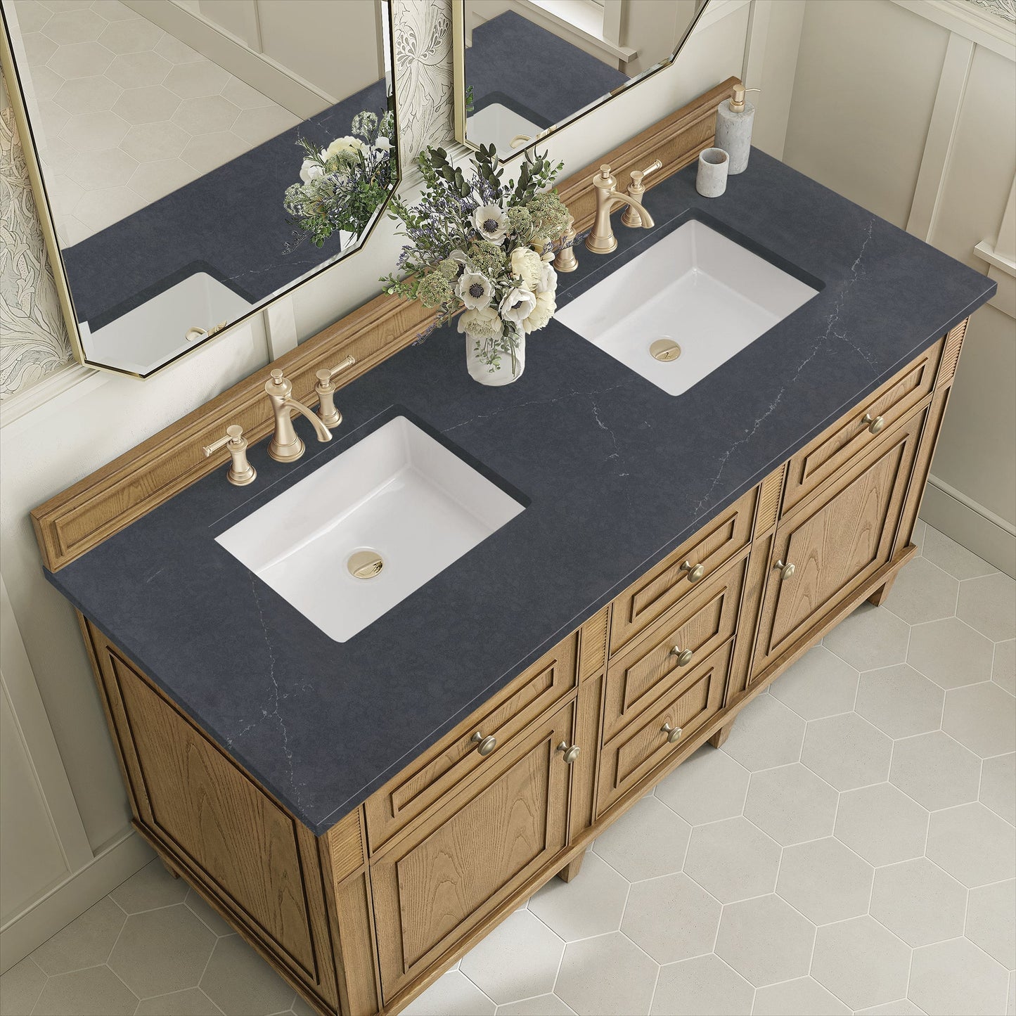 
                  
                    Lorelai 60" Double Vanity in Light Natural Oak James Martin Vanities Charcoal Soapstone Silestone 
                  
                