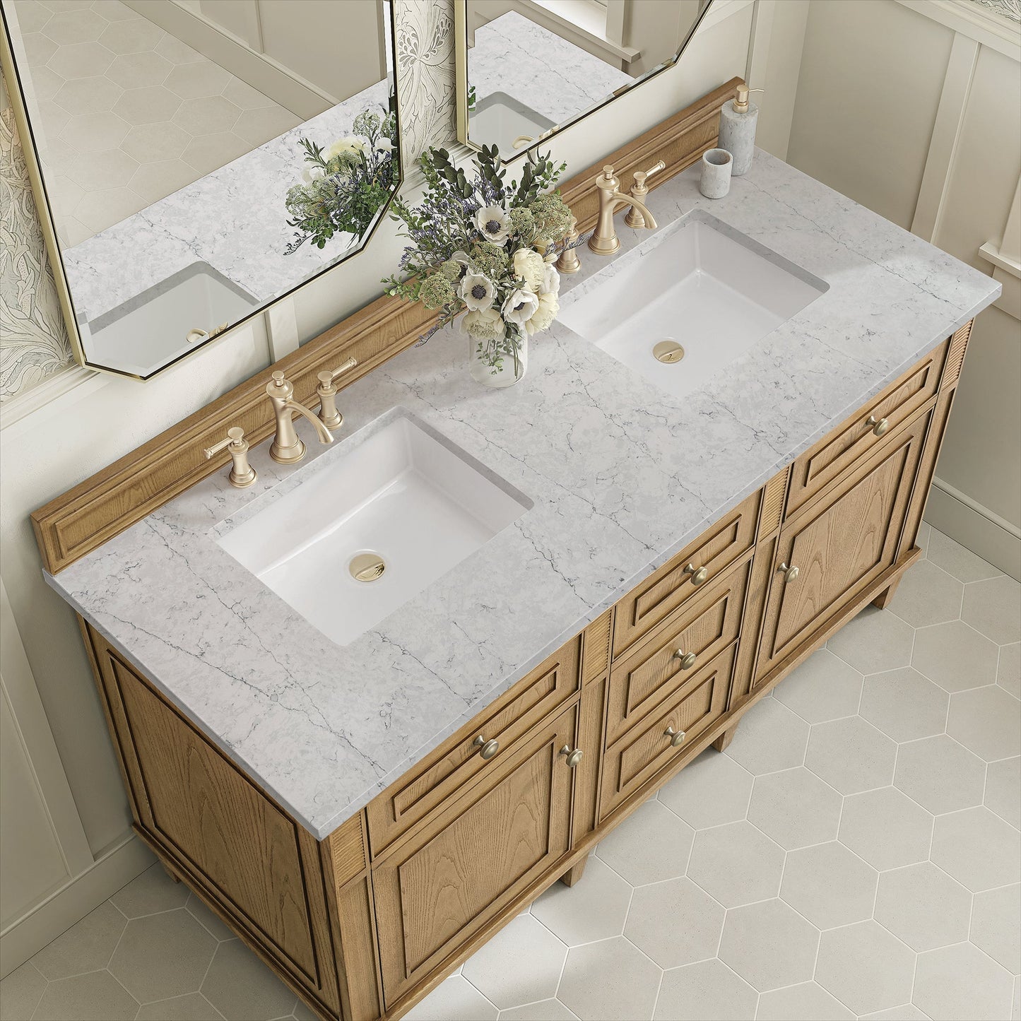 
                  
                    Lorelai 60" Double Vanity in Light Natural Oak James Martin Vanities Eternal Jasmine Pearl Silestone 
                  
                