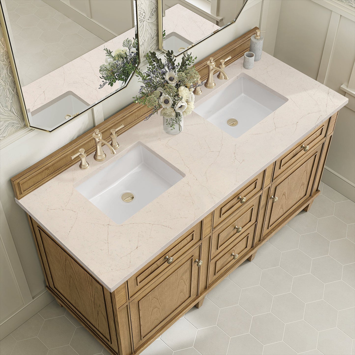 
                  
                    Lorelai 60" Double Vanity in Light Natural Oak James Martin Vanities Eternal Marfil Silestone 
                  
                