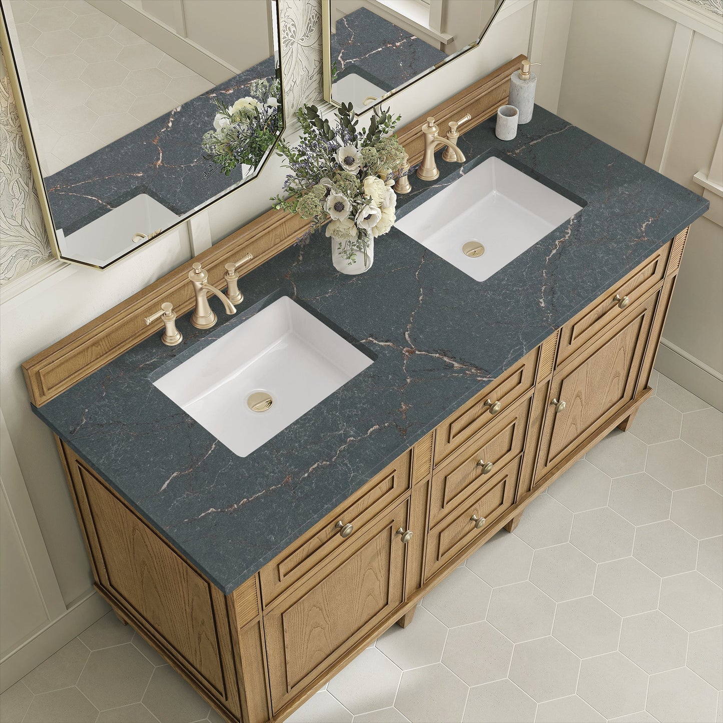 
                  
                    Lorelai 60" Double Vanity in Light Natural Oak James Martin Vanities Parisien Bleu Silestone 
                  
                