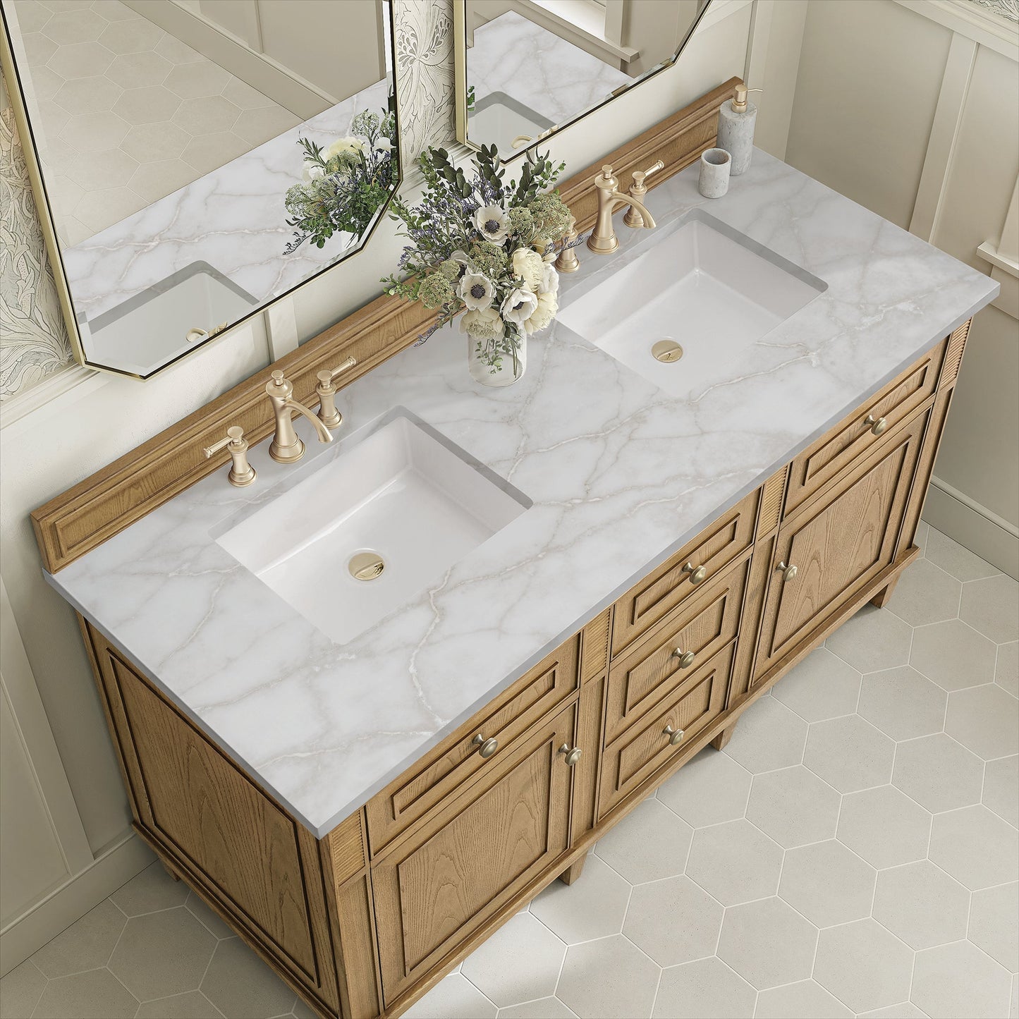 
                  
                    Lorelai 60" Double Vanity in Light Natural Oak James Martin Vanities Victorian Silver Silestone 
                  
                