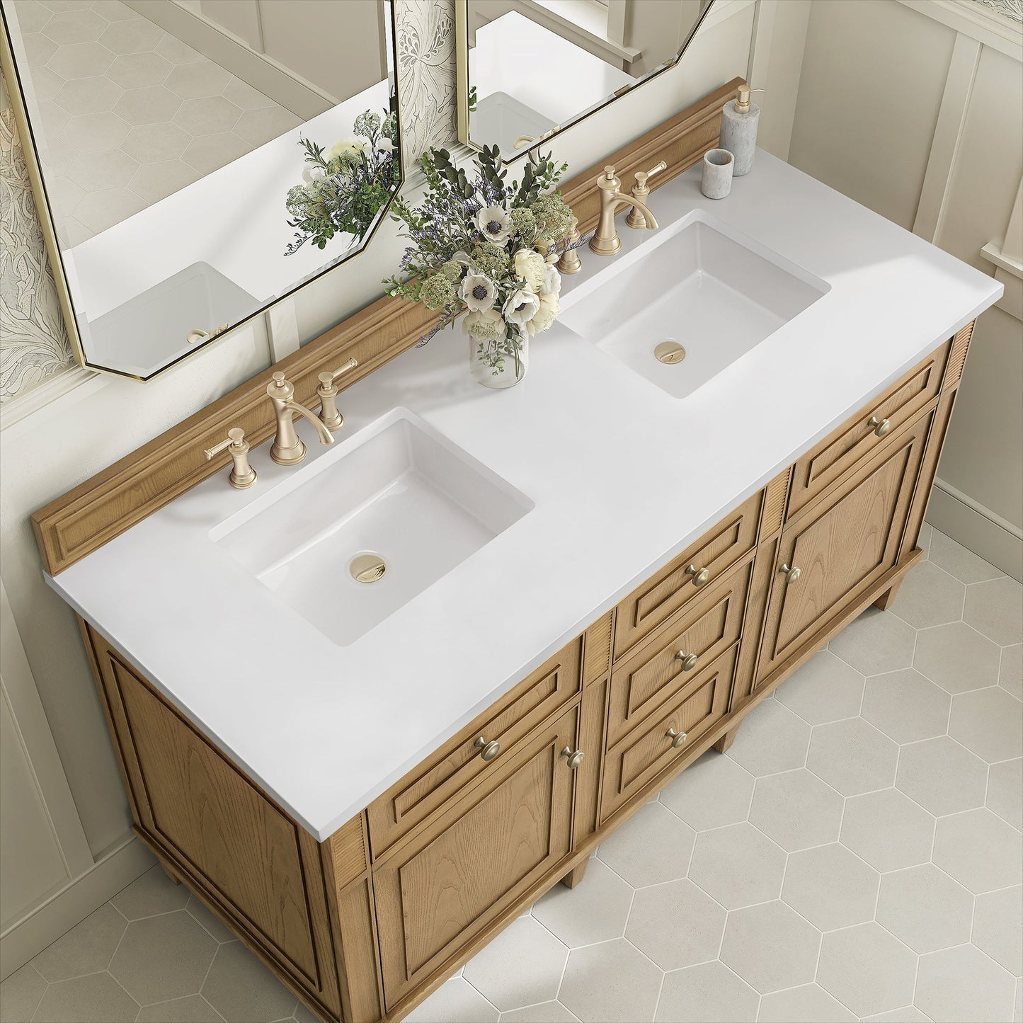 
                  
                    Lorelai 60" Double Vanity in Light Natural Oak James Martin Vanities White Zeus Silestone 
                  
                