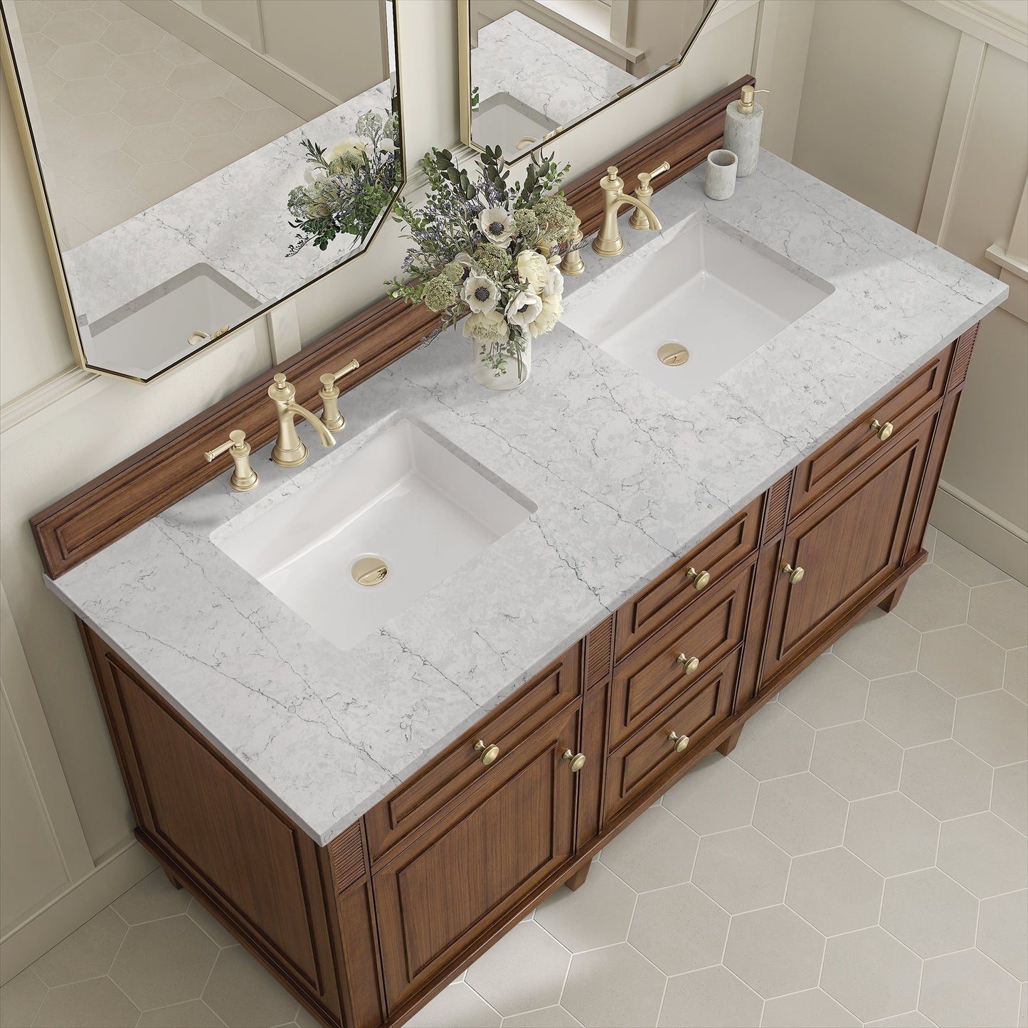 
                  
                    Lorelai 60" Double Vanity in Mid-Century Walnut James Martin Vanities Eternal Jasmine Pearl Silestone 
                  
                