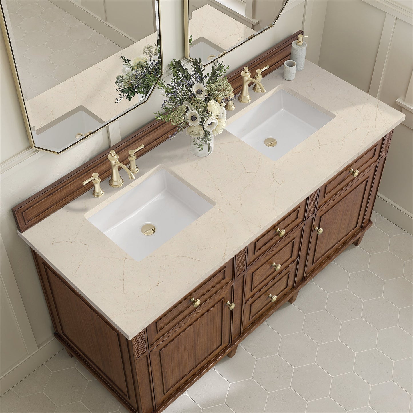 
                  
                    Lorelai 60" Double Vanity in Mid-Century Walnut James Martin Vanities Eternal Marfil Silestone 
                  
                