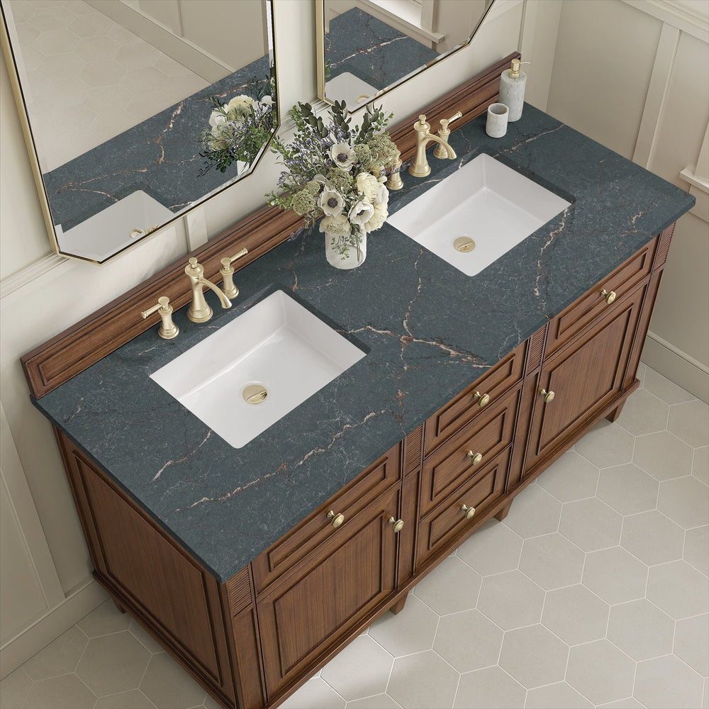 
                  
                    Lorelai 60" Double Vanity in Mid-Century Walnut James Martin Vanities Parisien Bleu Silestone 
                  
                