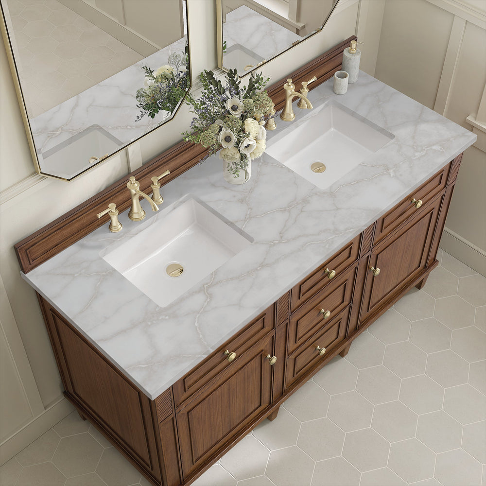 
                  
                    Lorelai 60" Double Vanity in Mid-Century Walnut James Martin Vanities Victorian Silver Silestone 
                  
                