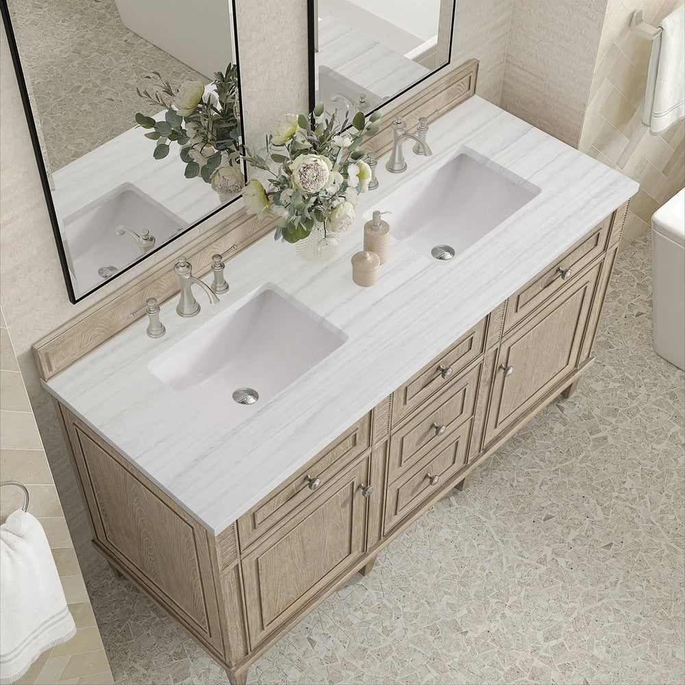 
                  
                    Lorelai 60" Double Vanity in Whitewashed Oak James Martin Vanities Arctic Fall solid surface 
                  
                