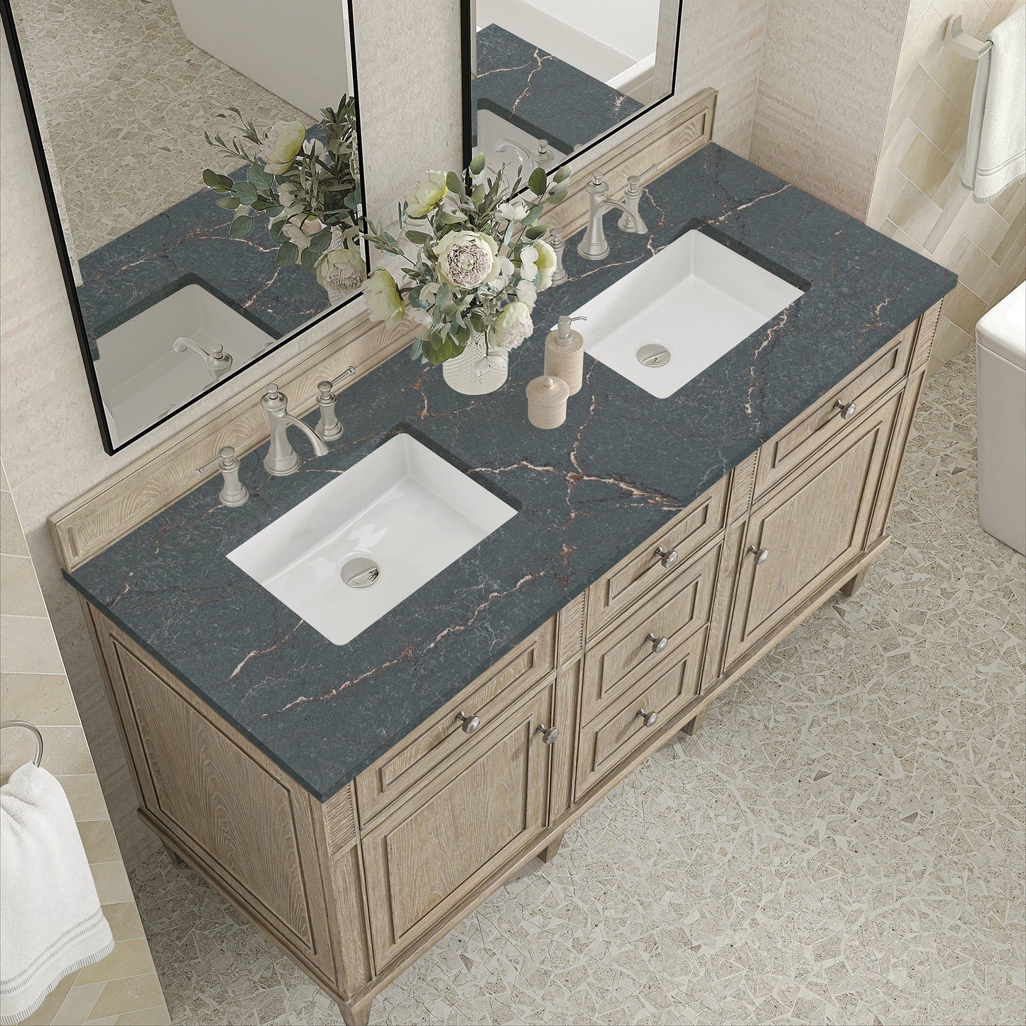 
                  
                    Lorelai 60" Double Vanity in Whitewashed Oak James Martin Vanities Parisien Bleu Silestone 
                  
                