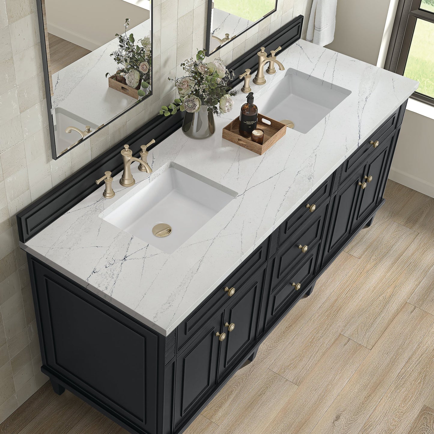 
                  
                    Lorelai 72" Double Vanity in Black Onyx James Martin Vanities Ethereal Noctis Silestone 
                  
                