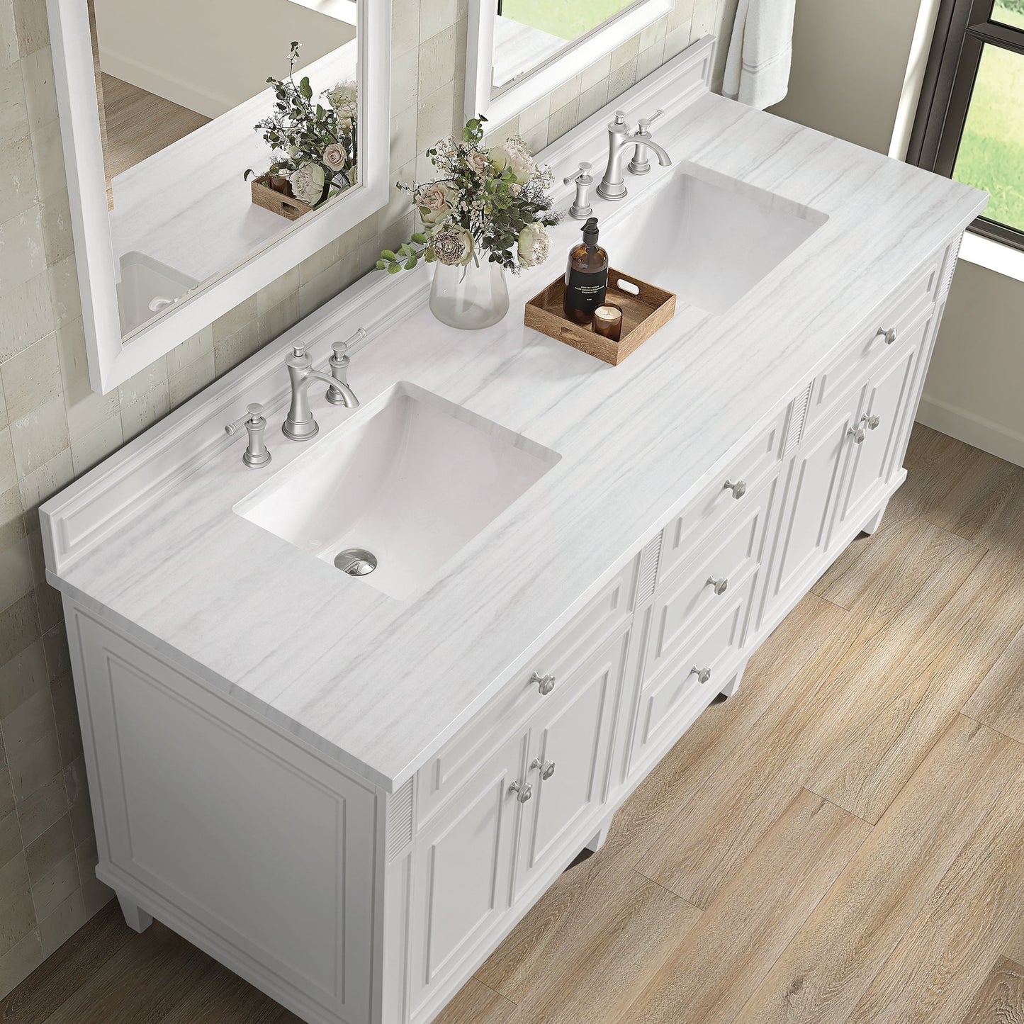 
                  
                    Lorelai 72" Double Vanity in Bright White James Martin Vanities Arctic Fall solid surface 
                  
                
