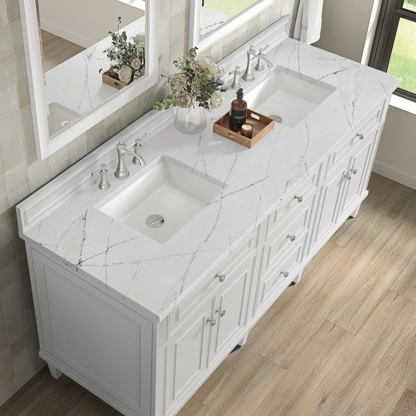 
                  
                    Lorelai 72" Double Vanity in Bright White James Martin Vanities Ethereal Noctis Silestone 
                  
                