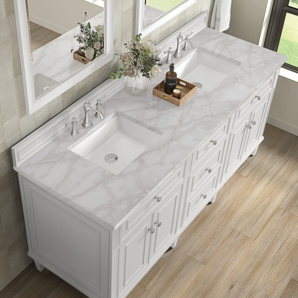 
                  
                    Lorelai 72" Double Vanity in Bright White James Martin Vanities Victorian Silver Silestone 
                  
                