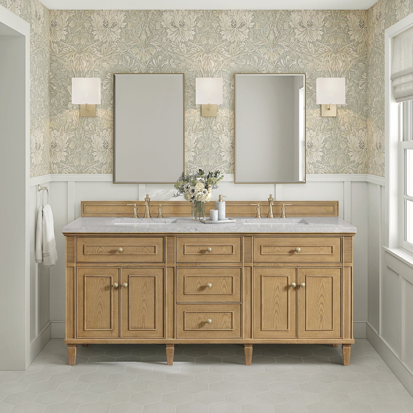 
                  
                    Lorelai 72" Double Vanity in Light Natural Oak James Martin Vanities Eternal Jasmine Pearl Silestone 
                  
                