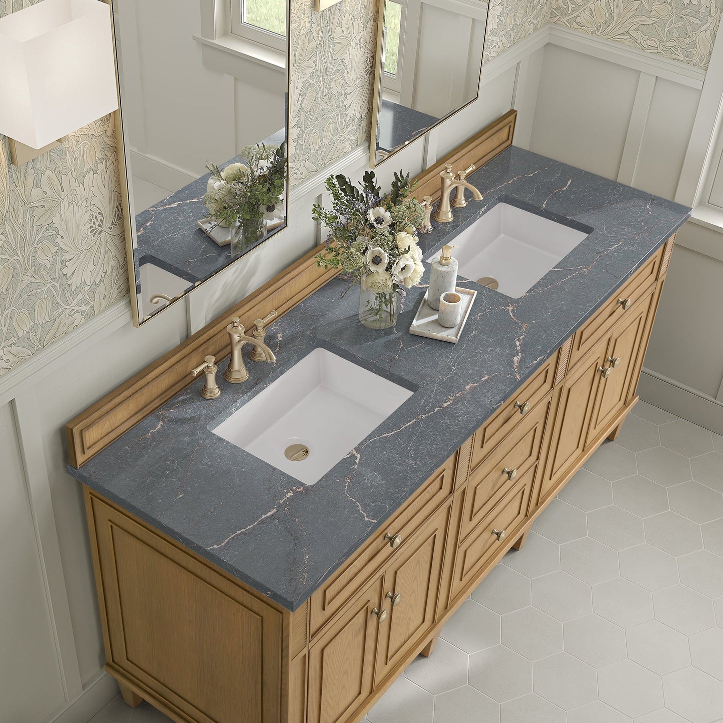 
                  
                    Lorelai 72" Double Vanity in Light Natural Oak James Martin Vanities Parisien Bleu Silestone 
                  
                